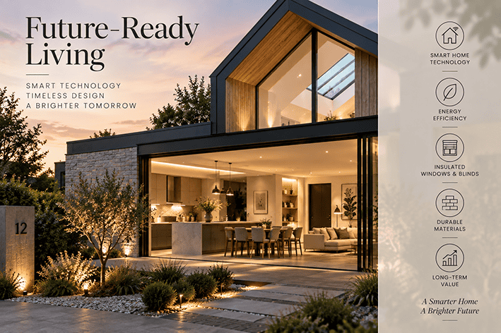 Contemporary energy-efficient home combining smart technology, roof glazing, insulated windows and durable materials to create a future-ready property.