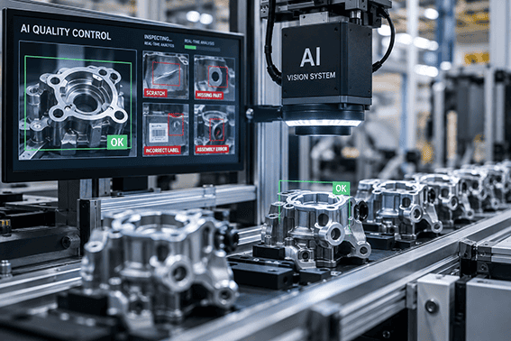 AI computer vision system inspecting manufactured components for defects as they move along a factory production line.