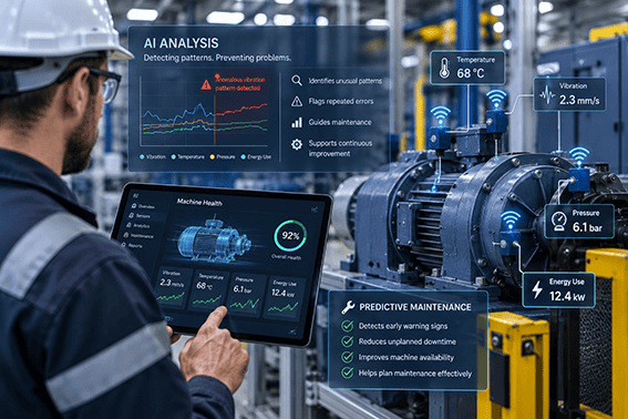 Factory technician using AI-powered predictive maintenance data to monitor machinery vibration, temperature, pressure and energy use.