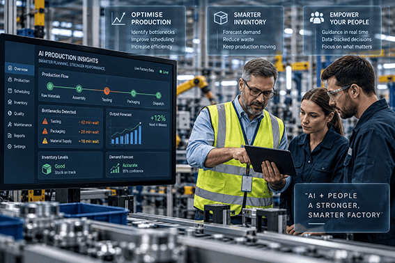 Manufacturing team using AI production data to identify bottlenecks, forecast demand and improve factory planning and efficiency.