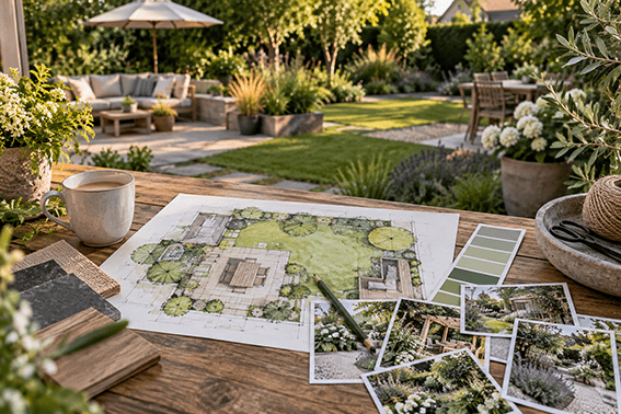 Garden design plan and mood board displayed on a table overlooking a landscaped garden with seating, lawn and planting.