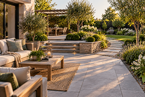 Modern landscaped garden featuring a paved patio, stone pathways, raised beds, outdoor seating and structured planting.