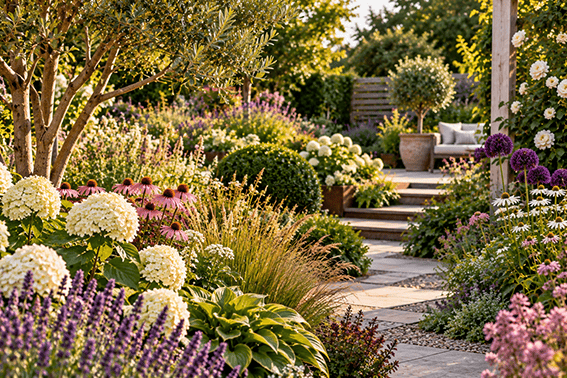 Colourful garden border filled with hydrangeas, lavender, perennials, ornamental grasses, shrubs and trees beside a stone pathway.