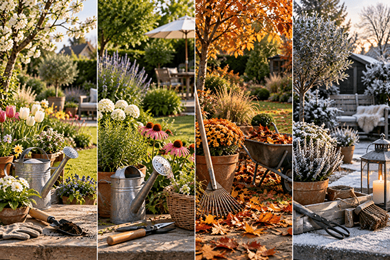 Four-season garden showing spring flowers, summer planting, autumn leaf clearing and winter garden maintenance.