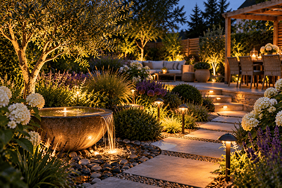 Landscaped garden at dusk with an illuminated water feature, pathway lights, uplighting, colourful planting and outdoor seating.
