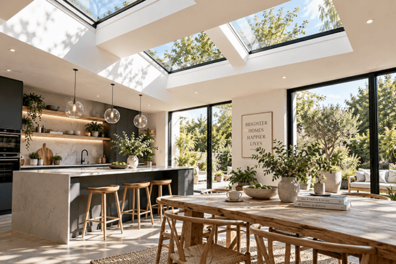 Contemporary open-plan kitchen and dining area flooded with natural light from large roof lights and floor-to-ceiling windows.