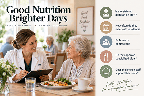 Registered dietitian discussing nutrition and specialist dietary needs with an older resident in a senior care dining room.