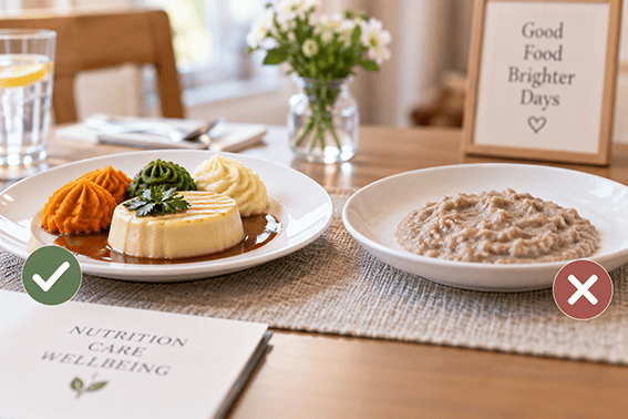 Comparison of an attractively presented puréed meal and a poorly presented texture-modified meal in a senior care setting.