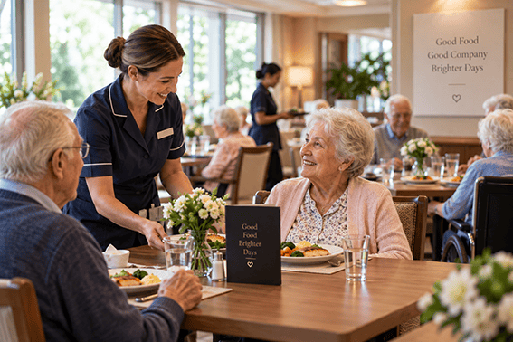 Care worker serving older residents during a busy mealtime in a bright senior living community dining room.