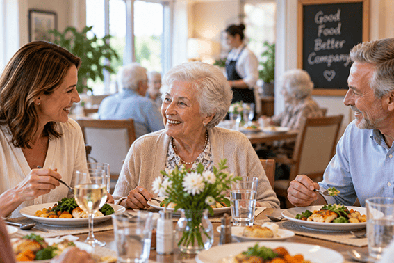 Older resident enjoying a meal with family members in a welcoming senior care community dining room.